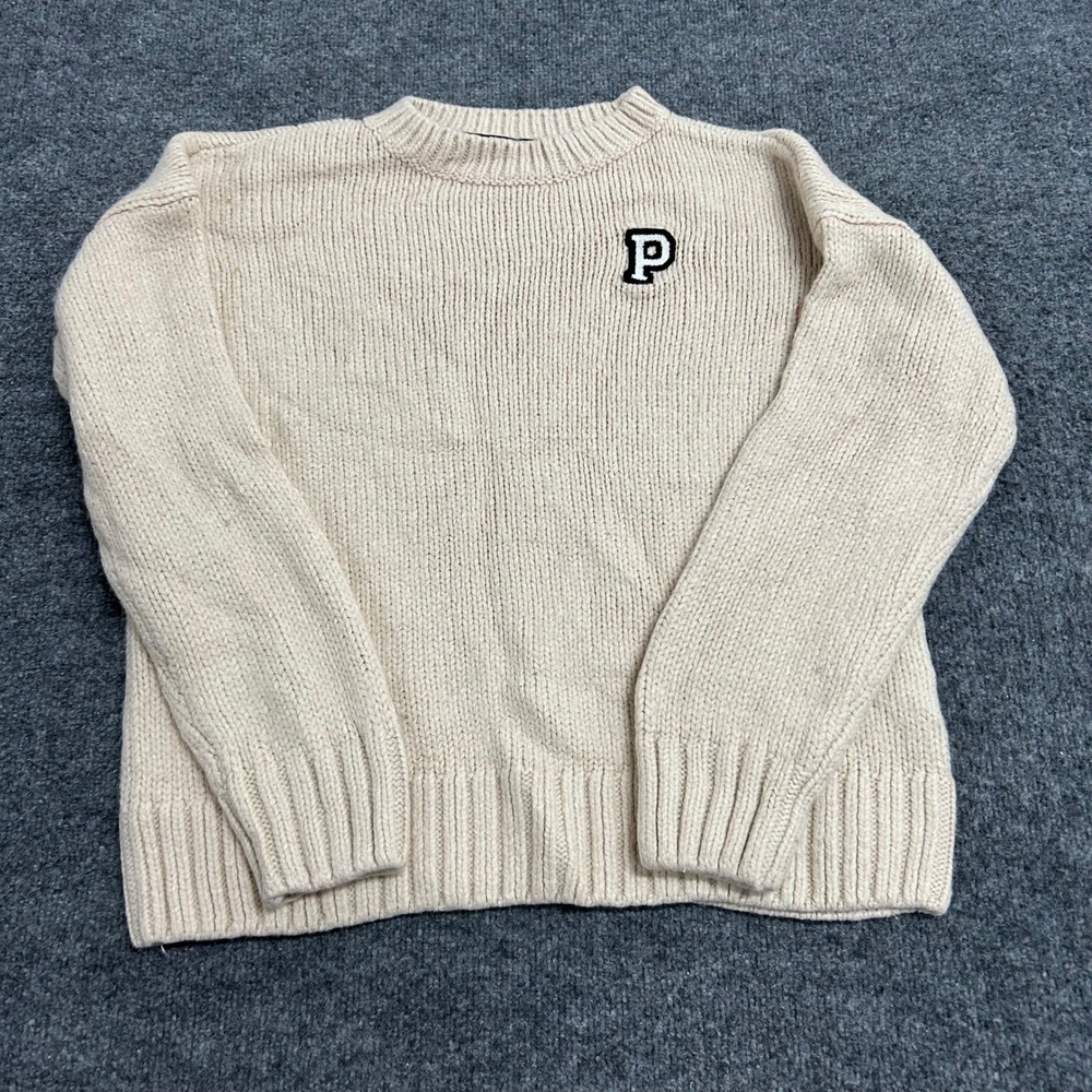 PINK Sweater Womens Size M Cream Chunky Knit Crewneck Collegiate Logo Pullover